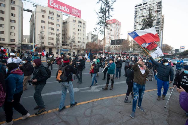 Santiago, July 3, 2021 Adherents of the Peoples List, along with their elected convenors, gather to march from Baquedano Square to the former National Congress where the first session of the Constituent Assembly will be held Sergio Pina Aton Chile, Santiago Chile Aton 522583  Copyright: SERGIOxPINA ATONxCHILE