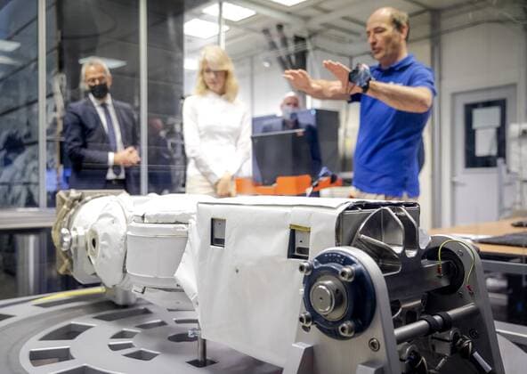 A scale model of the European Robotic Arm (ERA) is being demonstrated in Noordwijk, The Netherlands, 6 July 2021, during a meeting with State Secretary Mona Keijzer (M, Economics and Climate) who is responsible for space. After launch, the robotic arm must perform various tasks on the outside of the ISS space station. ANP ROBIN VAN LONKHUIJSEN Copyright: xHollandsexHoogtex xxANPx x433424715x