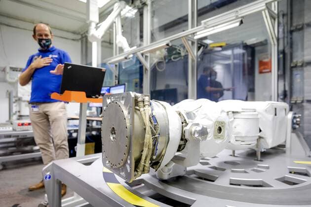 A scale model of the European Robotic Arm (ERA) is being demonstrated in Noordwijk, The Netherlands, 6 July 2021, during a meeting with State Secretary Mona Keijzer (EZ and Climate) who is responsible for space. After launch, the robotic arm must perform various tasks on the outside of the ISS space station. ANP ROBIN VAN LONKHUIJSEN Copyright: xHollandsexHoogtex xxANPx x433424735x