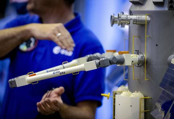 A scale model of the European Robotic Arm (ERA) is being demonstrated in Noordwijk, The Netherlands, 6 July 2021, during a meeting with State Secretary Mona Keijzer (EZ and Climate) who is responsible for space. After launch, the robotic arm must perform various tasks on the outside of the ISS space station. ANP ROBIN VAN LONKHUIJSEN Copyright: xHollandsexHoogtex xxANPx x433425313x