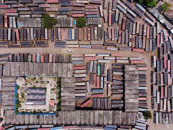 July 4, 2021, Dhaka, Bangladesh: An aerial view of buses parked at a bus terminal, amid a week-long nationwide lockdown to slow down the spread of COVID-19. Dhaka Bangladesh - ZUMA pho 20210704_mda_h169_406 Copyright: xSyedxMehedyxHasanx