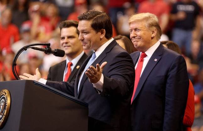 July 6, 2021: President Donald Trump is joined on the podium by Florida Gov. Ron DeSantis and Congressman Matt Gaetz during a rally at the BB&T Center in Sunrise, Florida on November 26, 2019. - ZUMAm67_ 20210706_zaf_m67_115 Copyright: xMikexStockerx