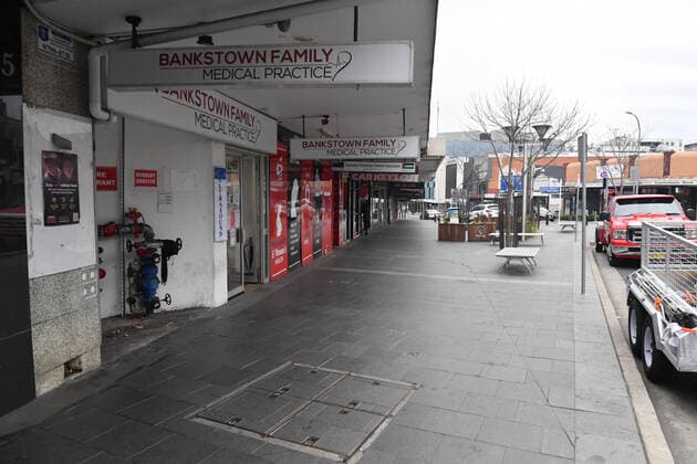 NSW POLICE COVID19 COMPLIANCE, An empty plaza is seen in the southwestern suburb of Bankstown in Sydney, Friday, July 9, 2021. At least 100 more police will be deployed to southwest Sydney from Friday in a high-visibility operation to ensure compliance with public health orders. ( NO ARCHIVING, EDITORIAL USE ONLY, NO USE IN BOOKS WITHOUT CONSENT SYDNEY NSW AUSTRALIA  Copyright: xMICKxTSIKASx 20210709001555910260