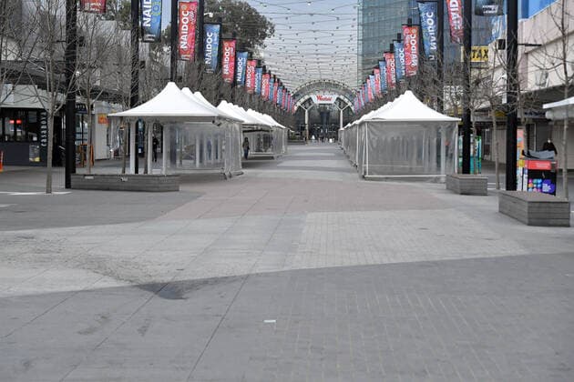 NSW POLICE COVID19 COMPLIANCE, An empty plaza is seen in the southwestern suburb of Liverpool in Sydney, Friday, July 9, 2021. At least 100 more police will be deployed to southwest Sydney from Friday in a high-visibility operation to ensure compliance with public health orders. ( NO ARCHIVING, EDITORIAL USE ONLY, NO USE IN BOOKS WITHOUT CONSENT SYDNEY NSW AUSTRALIA  Copyright: xMICKxTSIKASx 20210709001555910306