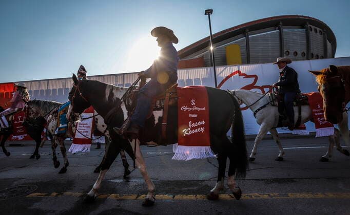 July 9, 2021, Calgary, ab, Canada: Alberta Premier Jason Kenney rides in the Calgary Stampede parade in Calgary, Alta., Friday, July 9, 2021. Calgary Canada  - ZUMAc35_ 20210709_zaf_c35_003 Copyright: xJeffxMcintoshx