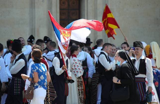 PXL_INTERNATIONAL FOLKLORE FESTIVAL The Serbian and Macedonian flags were also flown in the center of the Zagreb city on 9. July, 2021. Although the International Folklore Festival takes place in town of Velika Gorica, many participants decided to stop by the capital Zagreb center and thus enjoy the sights of the city and take home the most beautiful memories with a few photos. SanjinxStrukic PIXSELL