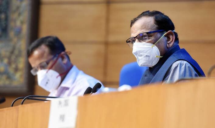 NEW DELHI, INDIA - JULY 9: Lav Agarwal, Health ministry joint secretary and Dr VK Paul, NITI Aayog during a press briefing on Covid-19 at National Media Center on July 9, 2021 in New Delhi, India. The Union ministry of health and family welfare (MoHFW) on Friday expressed concern at the current situation of the coronavirus pandemic in Kerala and Maharashtra, two states which it said had the highest contribution in total Covid-19 cases reported by the country last week. (Photo by Raj K Raj Hindustan Times) Health Ministry Press Briefing On Covid-19