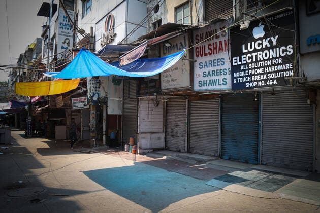NEW DELHI, INDIA JULY 10: A deserted view of Gaffar Market after the Delhi Disaster Management Authority (DDMA) on Friday ordered temporary closure of Gaffar Market and Naiwala Market in central Delhi?s Karol Bagh -- popular for car accessories and electronic gadgets -- for at least two days, citing violation of Covid-19 regulations, on July 10, 2021 in New Delhi, India. In the last 10 days, the authorities have similarly cracked down on at least nine such popular markets in the city, including the Lajpat Nagar Central Market and Laxmi Nagar market. (Photo by Sanchit Khanna Hindustan Times ) Two Karol Bagh Markets Temporarily Closed Over Violation Of Covid Norms