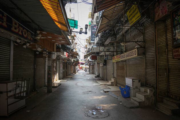 NEW DELHI, INDIA JULY 10: A deserted view of Gaffar Market after the Delhi Disaster Management Authority (DDMA) on Friday ordered temporary closure of Gaffar Market and Naiwala Market in central Delhi?s Karol Bagh -- popular for car accessories and electronic gadgets -- for at least two days, citing violation of Covid-19 regulations, on July 10, 2021 in New Delhi, India. In the last 10 days, the authorities have similarly cracked down on at least nine such popular markets in the city, including the Lajpat Nagar Central Market and Laxmi Nagar market. (Photo by Sanchit Khanna Hindustan Times ) Two Karol Bagh Markets Temporarily Closed Over Violation Of Covid Norms