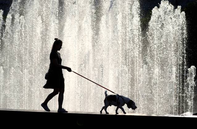 ST PETERSBURG, RUSSIA - JULY 10, 2021: A woman walks a dog past a fountain near Finland railway station. Peter Kovalev TASS  TS107D23