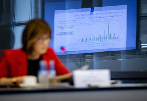 THE HAGUE - Aura Timen (head of the National Coordination of Infectious Disease Control at the RIVM), with the ascending graph in the background, in the House of Representatives during a technical briefing about the corona virus. The infection figures have risen rapidly again, so that the cabinet has decided to tighten up the corona measures again. ANP ROBIN VAN LONKHUIJSEN Copyright: xHollandsexHoogtex xxANPx x433842709x