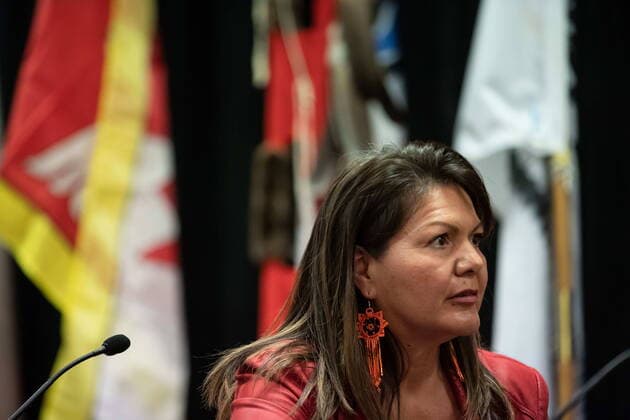 July 15, 2021, Kamloops, BC, Canada: TkÃ¢â‚¬â ¢emloÂºps te Secwo pemc KoÂºkpi7 (Chief) Rosanne Casimir listens after the First Nation released a report outlining the findings of a search of the former Kamloops Indian Residential School property using ground-penetrating radar, in Kamloops, B.C., on Thursday, July 15, 2021. The remains of 215 children have been found buried near the former school. Kamloops Canada  - ZUMAc35_ 20210715_zaf_c35_061 Copyright: xDarrylxDyckx