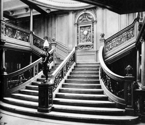 RMS Titanic was a British passenger liner that sank in the North Atlantic Ocean in the early morning of 15 April 1912, after colliding with an iceberg during her maiden voyage from Southampton to New York City.<br ><br > Of the 2,224 passengers and crew aboard, more than 1,500 died in the sinking, making it one of the deadliest commercial peacetime maritime disasters in modern history. The largest ship afloat at the time it entered service, the RMS Titanic was the second of three Olympic class ocean liners operated by the White Star Line, and was built by the Harland and Wolff shipyard in Belfast. UK: RMS Titanic, The Grand Staircase, c. 1912 xSupplier:xCPAxMediaxCo.xLtd.x Copyright: xx