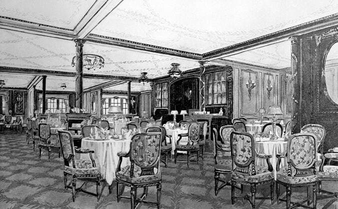 RMS Titanic was a British passenger liner that sank in the North Atlantic Ocean in the early morning of 15 April 1912, after colliding with an iceberg during her maiden voyage from Southampton to New York City.<br ><br > Of the 2,224 passengers and crew aboard, more than 1,500 died in the sinking, making it one of the deadliest commercial peacetime maritime disasters in modern history. The largest ship afloat at the time it entered service, the RMS Titanic was the second of three Olympic class ocean liners operated by the White Star Line, and was built by the Harland and Wolff shipyard in Belfast. UK: RMS Titanic, The A La Carte Restaurant, (1912) xSupplier:xCPAxMediaxCo.xLtd.x Copyright: xx