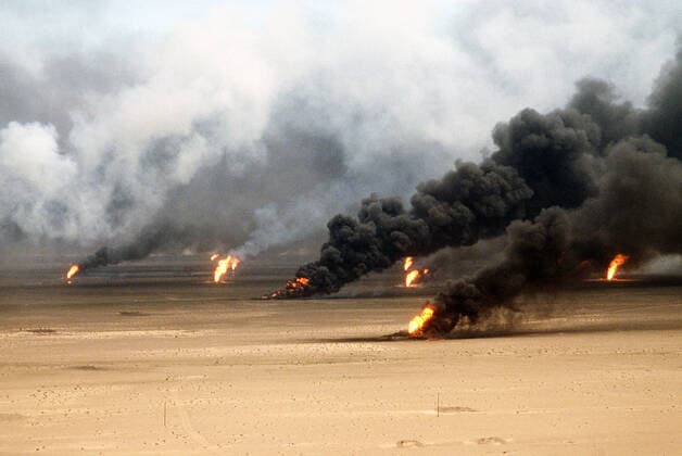 USAF photograph of Kuwaiti oil fires, set by the retreating Iraqi army during Operation Desert Storm in 1991.<br ><br > The Persian Gulf War (August 2, 1990 February 28, 1991), commonly referred to as simply the Gulf War, was a war waged by a U.N.-authorized coalition force from thirty-four nations led by the United States, against Iraq in response to Iraq s invasion and annexation of the State of Kuwait.<br ><br > This war is commonly known as Operation Desert Storm, the First Gulf War, Gulf War I, or the Iraq War. Kuwait: Oil well fires rage outside Kuwait City in the aftermath of Operation Desert Storm. The wells were set on fire by Iraqi forces before they were ousted from the region by coalition forces, 21 March 1991 xSupplier:xCPAxMediaxCo.xLtd.x Copyright: xDavidxMcLeodx