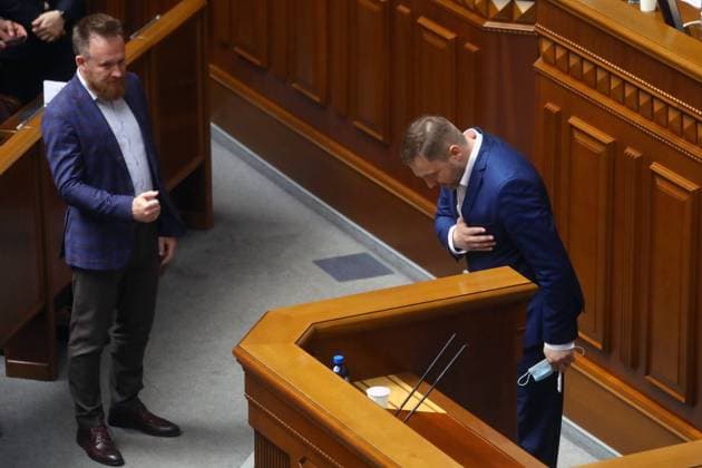 KIEV, UKRAINE - JULY 16, 2021: Ukraine s new Interior Minister Denys Monastyrsky (R) is seen after the voting for his appointment during a meeting of the Ukrainian Parliament (Verkhovna Rada). Irina Yakovleva TASS  TS108425