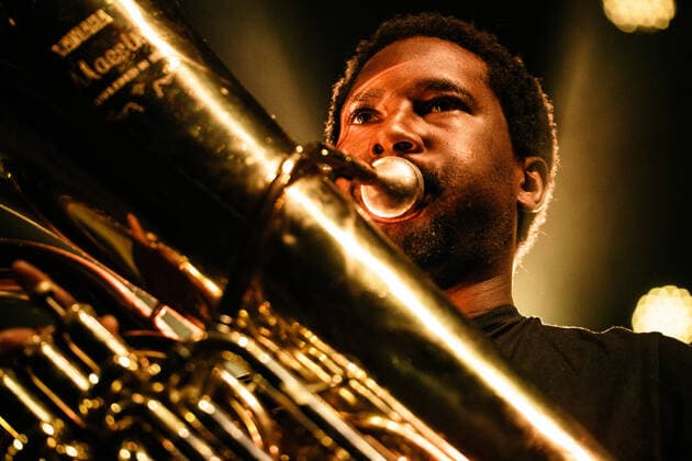 Sons of Kemet Roskilde, Denmark. July 06th, 2019. The British jazz group Sons of Kemet performs a live concert during the Danish music festival Roskilde Festival 2019. Here musician Theon Cross on tuba is seen live on stage. Roskilde Denmark  Copyright: xGonzalesxPhoto MalthexIvarssonx