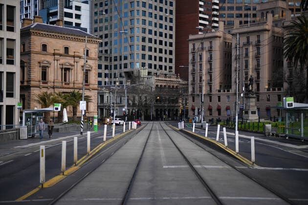 VICTORIA CORONAVIRUS COVID19, A near empty street scene is seen in Melbourne, Sunday, July 18, 2021. Victoria is in day three of its latest COVID-19 lockdown as health authorities race to keep up with fleeting transmission of the virus. ( NO ARCHIVING, EDITORIAL USE ONLY, NO USE IN BOOKS WITHOUT CONSENT MELBOURNE VIC AUSTRALIA  Copyright: xJAMESxROSSx 20210718001558172580