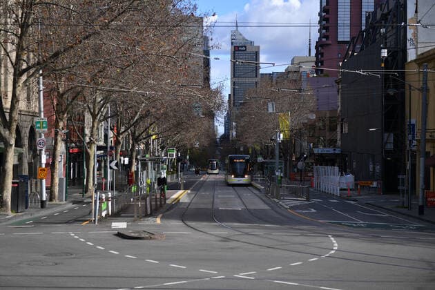VICTORIA CORONAVIRUS COVID19, A near empty street scene is seen in Melbourne, Sunday, July 18, 2021. Victoria is in day three of its latest COVID-19 lockdown as health authorities race to keep up with fleeting transmission of the virus. ( NO ARCHIVING, EDITORIAL USE ONLY, NO USE IN BOOKS WITHOUT CONSENT MELBOURNE VIC AUSTRALIA  Copyright: xJAMESxROSSx 20210718001558172604