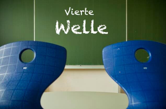 Tafel mit Aufschrift VIERTE WELLE, Klassenzimmer, Corona-Krise, Deutschland, Europa Copyright: imageBROKER/MichaelxWeber iblimw06970223.jpg