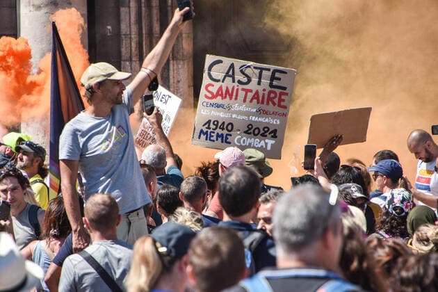July 17, 2021, Marseille, France: Protesters display placards against the health pass during a demonstration in front of town hall in Marseille..More than 4,000 people in Marseille demonstrated against a health pass that French President Emmanuel Macron announced among the new anti-Covid 19 measures which will be necessary to be frequenting cafÃ terraces, restaurants, cinemas, theatres and other culture and leisure activities to help contain the spread of the Covid-19 virus. Marseille France - ZUMAs197 20210717_zaa_s197_456 Copyright: xGerardxBottinox