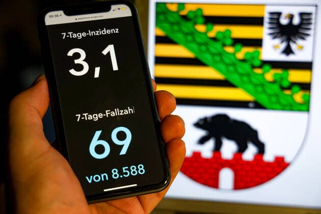 Coronavirus in Deutschland - Covid-19-Dashboard des Robert Koch-Institut DEU, Deutschland, Sachsen-Anhalt, 19.07.2021: Die 7-Tage-Inzidenz für das Bundesland (Fälle letzte 7 Tage 100.000 EW) wird auf einem iPhone angezeigt, im Hintergrund das Landeswappen