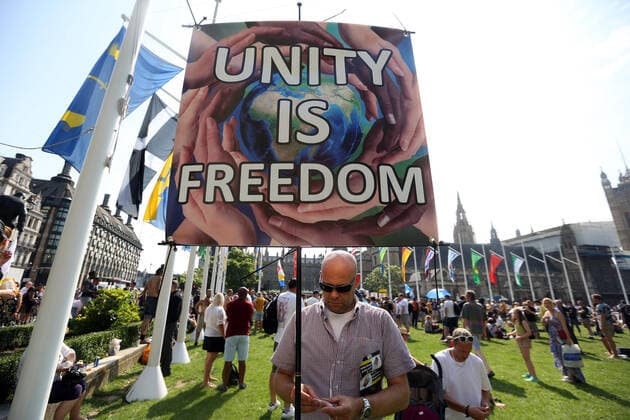 July 19, 2021, London, England, United Kingdom: Anti-lockdown and anti-vaccine protesters stage a demonstration in central London. Almost all coronavirus restrictions including social distancing and mask wearing are lifted in England from today onwards. The final stage of lockdown lifting acmes as countryÃ¢â‚¬â ¢s Health Secretary Sajid Javid tested positive for coronavirus and Prime Minister Boris Johnson and Chancellor RIshi Sunak pinged by NHS app and. Started self-isolation. London United Kingdom - ZUMAs262 20210719_zip_s262_060 Copyright: xTayfunxSalcix