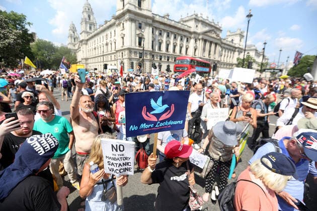 July 19, 2021, London, England, United Kingdom: Anti-lockdown and anti-vaccine protesters stage a demonstration in central London. Almost all coronavirus restrictions including social distancing and mask wearing are lifted in England from today onwards. The final stage of lockdown lifting acmes as countryÃ¢â‚¬â ¢s Health Secretary Sajid Javid tested positive for coronavirus and Prime Minister Boris Johnson and Chancellor RIshi Sunak pinged by NHS app and. Started self-isolation. London United Kingdom - ZUMAs262 20210719_zip_s262_073 Copyright: xTayfunxSalcix