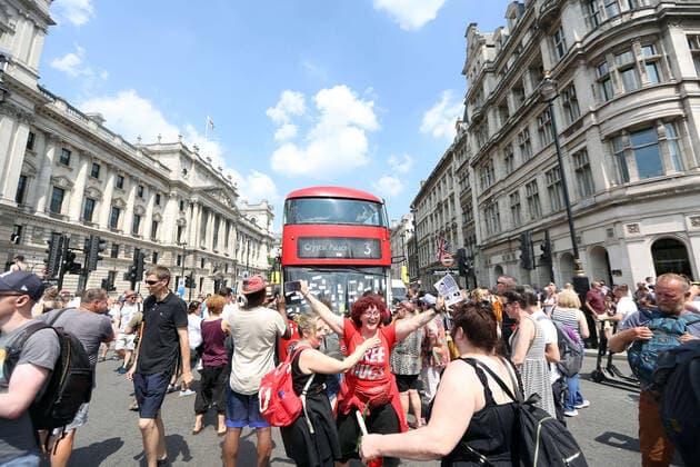July 19, 2021, London, England, United Kingdom: Anti-lockdown and anti-vaccine protesters stage a demonstration in central London. Almost all coronavirus restrictions including social distancing and mask wearing are lifted in England from today onwards. The final stage of lockdown lifting acmes as countryÃ¢â‚¬â ¢s Health Secretary Sajid Javid tested positive for coronavirus and Prime Minister Boris Johnson and Chancellor RIshi Sunak pinged by NHS app and. Started self-isolation. London United Kingdom - ZUMAs262 20210719_zip_s262_078 Copyright: xTayfunxSalcix