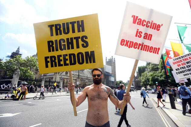 July 19, 2021, London, England, United Kingdom: Anti-lockdown and anti-vaccine protesters stage a demonstration in central London. Almost all coronavirus restrictions including social distancing and mask wearing are lifted in England from today onwards. The final stage of lockdown lifting acmes as countryÃ¢â‚¬â ¢s Health Secretary Sajid Javid tested positive for coronavirus and Prime Minister Boris Johnson and Chancellor RIshi Sunak pinged by NHS app and. Started self-isolation. London United Kingdom - ZUMAs262 20210719_zip_s262_088 Copyright: xTayfunxSalcix