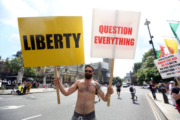 July 19, 2021, London, England, United Kingdom: Anti-lockdown and anti-vaccine protesters stage a demonstration in central London. Almost all coronavirus restrictions including social distancing and mask wearing are lifted in England from today onwards. The final stage of lockdown lifting acmes as countryÃ¢â‚¬â ¢s Health Secretary Sajid Javid tested positive for coronavirus and Prime Minister Boris Johnson and Chancellor RIshi Sunak pinged by NHS app and. Started self-isolation. London United Kingdom - ZUMAs262 20210719_zip_s262_089 Copyright: xTayfunxSalcix