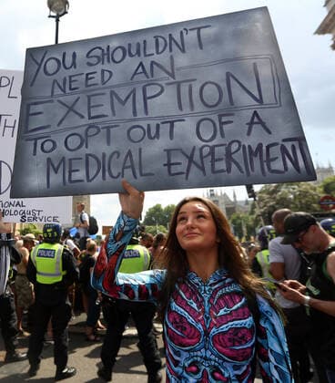 July 19, 2021, London, England, United Kingdom: Anti-lockdown and anti-vaccine protesters stage a demonstration in central London. Almost all coronavirus restrictions including social distancing and mask wearing are lifted in England from today onwards. The final stage of lockdown lifting acmes as countryÃ¢â‚¬â ¢s Health Secretary Sajid Javid tested positive for coronavirus and Prime Minister Boris Johnson and Chancellor RIshi Sunak pinged by NHS app and. Started self-isolation. London United Kingdom - ZUMAs262 20210719_zip_s262_118 Copyright: xTayfunxSalcix