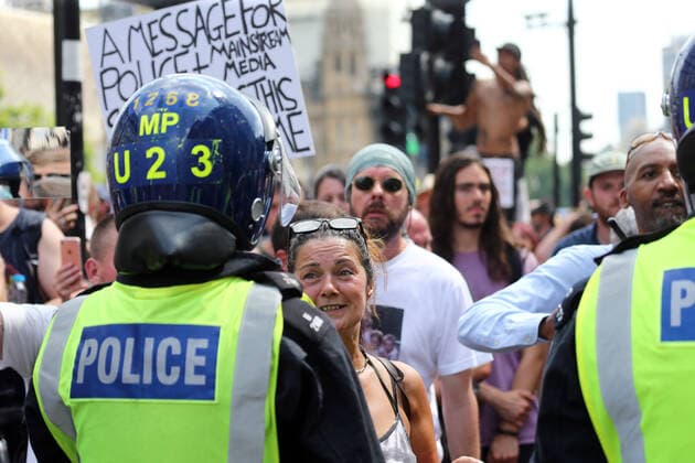 July 19, 2021, London, England, United Kingdom: Anti-lockdown and anti-vaccine protesters stage a demonstration in central London. Almost all coronavirus restrictions including social distancing and mask wearing are lifted in England from today onwards. The final stage of lockdown lifting acmes as countryÃ¢â‚¬â ¢s Health Secretary Sajid Javid tested positive for coronavirus and Prime Minister Boris Johnson and Chancellor RIshi Sunak pinged by NHS app and. Started self-isolation. London United Kingdom - ZUMAs262 20210719_zip_s262_125 Copyright: xTayfunxSalcix