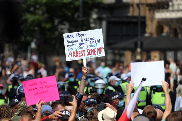 July 19, 2021, London, England, United Kingdom: Anti-lockdown and anti-vaccine protesters stage a demonstration in central London. Almost all coronavirus restrictions including social distancing and mask wearing are lifted in England from today onwards. The final stage of lockdown lifting acmes as countryÃ¢â‚¬â ¢s Health Secretary Sajid Javid tested positive for coronavirus and Prime Minister Boris Johnson and Chancellor RIshi Sunak pinged by NHS app and. Started self-isolation. London United Kingdom - ZUMAs262 20210719_zip_s262_142 Copyright: xTayfunxSalcix