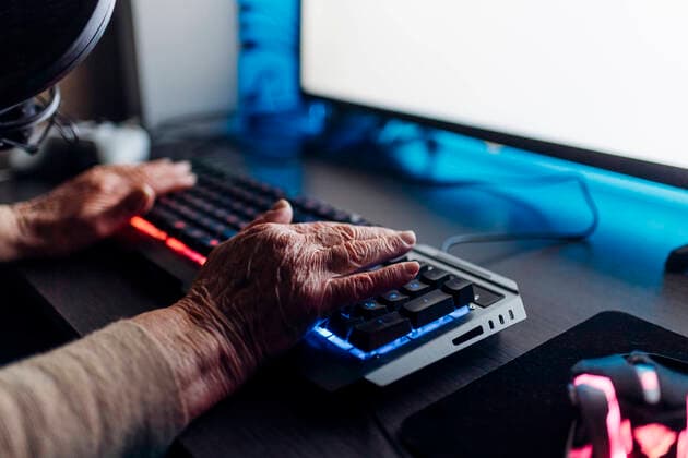 Senior woman using computer at home model released Symbolfoto property released MEUF03183