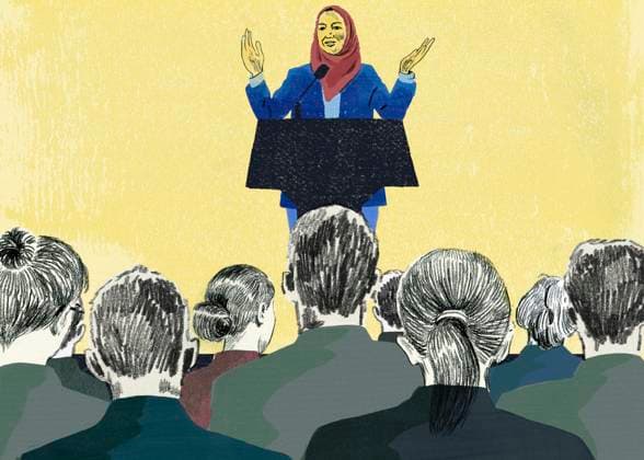 Frau hält eine Rede vor Geschäftsleuten *** Woman gives a speech to businessmen  Copyright: xDanielxHaskettx 12340116