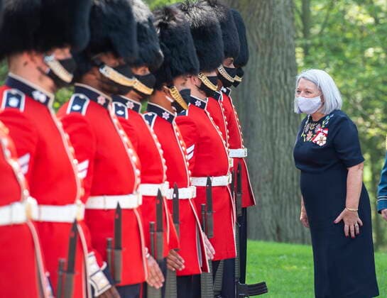 July 26, 2021, Ottawa, on, Canada: Governor General Mary Simon inspects the honour guard as she arrives at Rideau Hall, Monday, July 26, 2021 in Ottawa. Ottawa Canada  - ZUMAc35_ 20210726_zaf_c35_117 Copyright: xRyanxRemiorzx