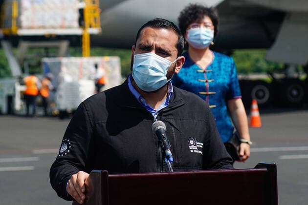 July 26, 2021, San Luis Talpa, El Salvador: Salvadoran Minister of health FRANCISCO ALABI speaks during a press conference. El Salvador received a new shipment containing 1 million vaccine doses of the CORONAVAC COVID-19 vaccine. San Luis Talpa El Salvador - ZUMAf143 20210726_zip_f143_010 Copyright: xCamiloxFreedmanx