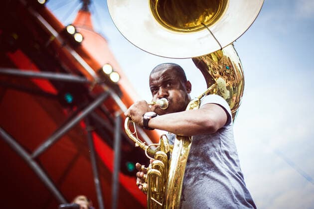 The Roots Sousaphonist Damon Tuba Gooding Jr. from the American hip-hop band The Roots is here pictured live at the Danish festival Roskilde Festival. Denmark 2012. Roskilde Denmark  Copyright: xGonzalesxPhoto MarcusxAndreassenx