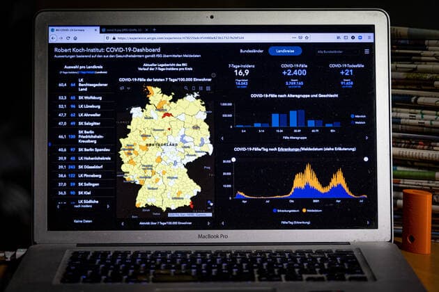 Coronavirus in Deutschland - Covid-19-Dashboard des Robert Koch-Institut 31.07.2021: Robert Koch-Institut: 7-Tage-Inzidenz 16,9. 7-Tage-Fallzahl 14.043. COVID-19-Fälle 3.769.165. Zugang um 2.400 dem Vortag. COVID-19-Todesfälle 91.658. Zugang um 21 gegenüber dem Vortag.