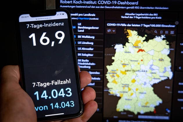 Coronavirus in Deutschland - Covid-19-Dashboard des Robert Koch-Institut 31.07.2021: Robert Koch-Institut: 7-Tage-Inzidenz 16,9. 7-Tage-Fallzahl 14.043. COVID-19-Fälle 3.769.165. Zugang um 2.400 dem Vortag. COVID-19-Todesfälle 91.658. Zugang um 21 gegenüber dem Vortag.