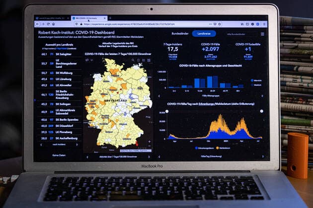 Coronavirus in Deutschland - Covid-19-Dashboard des Robert Koch-Institut 01.08..2021: Robert Koch-Institut: 7-Tage-Inzidenz 17,5. 7-Tage-Fallzahl 14.558. COVID-19-Fälle 3.771.262. Zugang um 2.097 dem Vortag. COVID-19-Todesfälle 91.659. Zugang um 1 gegenüber dem Vortag.