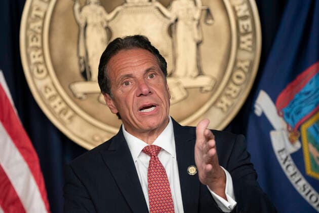 Governor Coumo announcement to combat COVID-19 Delta variant Governor Andrew Cuomo holds press briefing and makes announcement to combat COVID-19 Delta variant at 633 3rd Avenue. Governor announced that employees of MTA and New York Port Authority will be required to get vaccinatedor be tested weekly starting Labor Day in order to get to work. He also urged private employers to follow the state. New York New York United States Copyright: LevxRadin