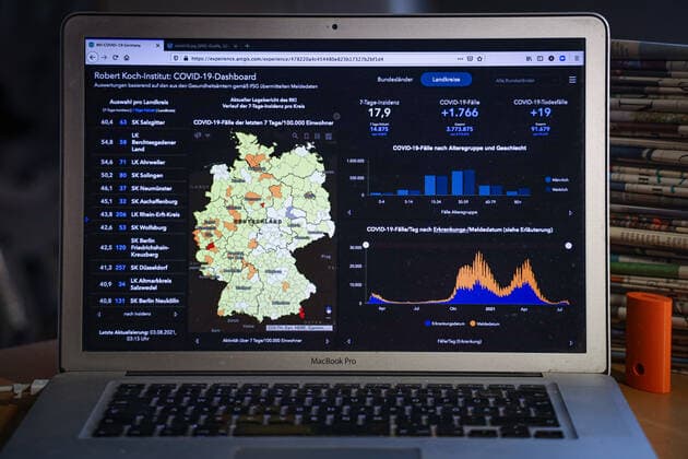 Coronavirus in Deutschland - Covid-19-Dashboard des Robert Koch-Institut 03.08..2021: Robert Koch-Institut: 7-Tage-Inzidenz 17,9. 7-Tage-Fallzahl 14.875. COVID-19-Fälle 3.773.875. Zugang um 1.766 dem Vortag. COVID-19-Todesfälle 91.679. Zugang um 19 gegenüber dem Vortag.