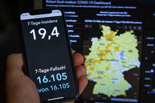 Coronavirus in Deutschland - Covid-19-Dashboard des Robert Koch-Institut 05.08..2021: Robert Koch-Institut: 7-Tage-Inzidenz 19,4. 7-Tage-Fallzahl 16.105. COVID-19-Fälle 3.780.985. Zugang um 3.539 dem Vortag. COVID-19-Todesfälle 91.730. Zugang um 26 gegenüber dem Vortag.