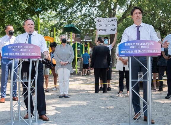 August 5, 2021, Montreal, PQ, Canada: Prime Minister Justin Trudeau, right, and Quebec Premier Francois Legault, right, speak during a childcare funding announcement in Montreal, Thursday, August 5, 2021. Montreal Canada - ZUMAc35_ 20210805_zaf_c35_069 Copyright: xGrahamxHughesx