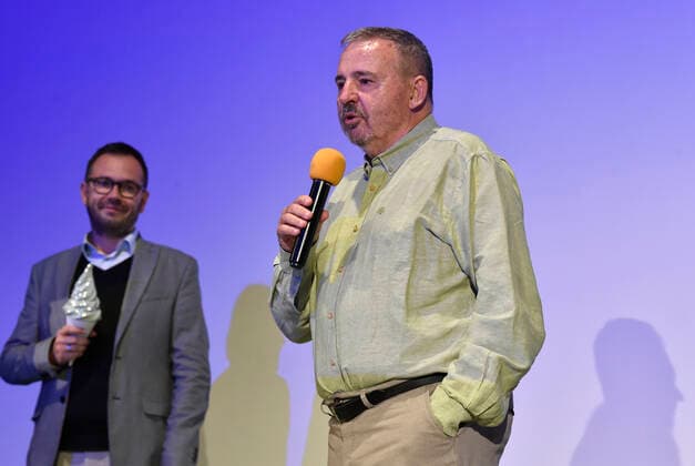 Serbian film and theatre director Goran Markovic, right, received the Annual Award of the Association of Czech Film Clubs (ACFK) during the Summer Film School Uherske Hradiste, Czech Republic, on August 6, 2021. On the left side is seen Czech actor Josef Kubanik. (CTKxPhoto DaliborxGluck) CTKPhotoP2021080611336  dg006A
