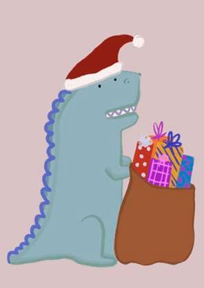 Clip art of dinosaur wearing Santa hat holding sack filled with Christmas presents SBAF00085