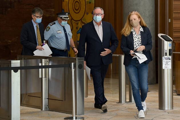 BRAD HAZZARD COVID19 PRESSER, NSW Health Minister Brad Hazzard (second right) arrives for a COVID-19 press conference in Sydney, Saturday, August 7, 2021. NSW recorded 319 new locally acquired cases of COVID-19 in the 24 hours to 8pm last night. ( NO ARCHIVING, EDITORIAL USE ONLY, NO USE IN BOOKS WITHOUT CONSENT SYDNEY NSW AUSTRALIA  Copyright: xBIANCAxDExMARCHIx 20210807001565032564