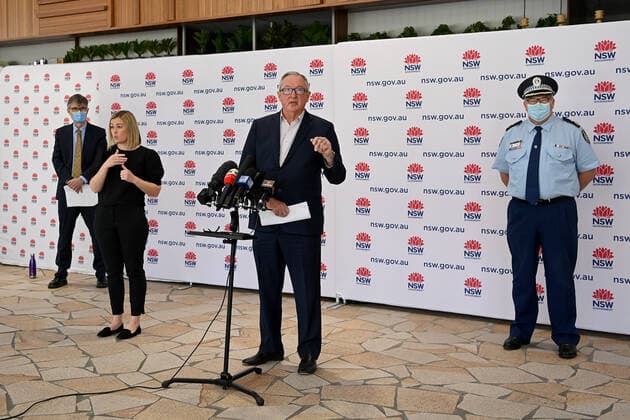 BRAD HAZZARD COVID19 PRESSER, (L-R) NSW Health Executive Director COVID-19 Public Health Response Branch Dr Jeremy McAnulty, NSW Health Minister Brad Hazzard and NSW Police Deputy Commissioner Gary Worboys speak to the media during a COVID-19 press conference in Sydney, Saturday, August 7, 2021. NSW recorded 319 new locally acquired cases of COVID-19 in the 24 hours to 8pm last night. ( NO ARCHIVING, EDITORIAL USE ONLY, NO USE IN BOOKS WITHOUT CONSENT SYDNEY NSW AUSTRALIA  Copyright: xBIANCAxDExMARCHIx 20210807001565035221